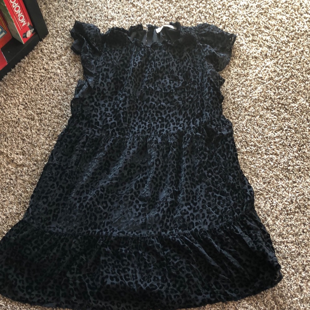 Loft Black Cheetah Velvet tiered dress
